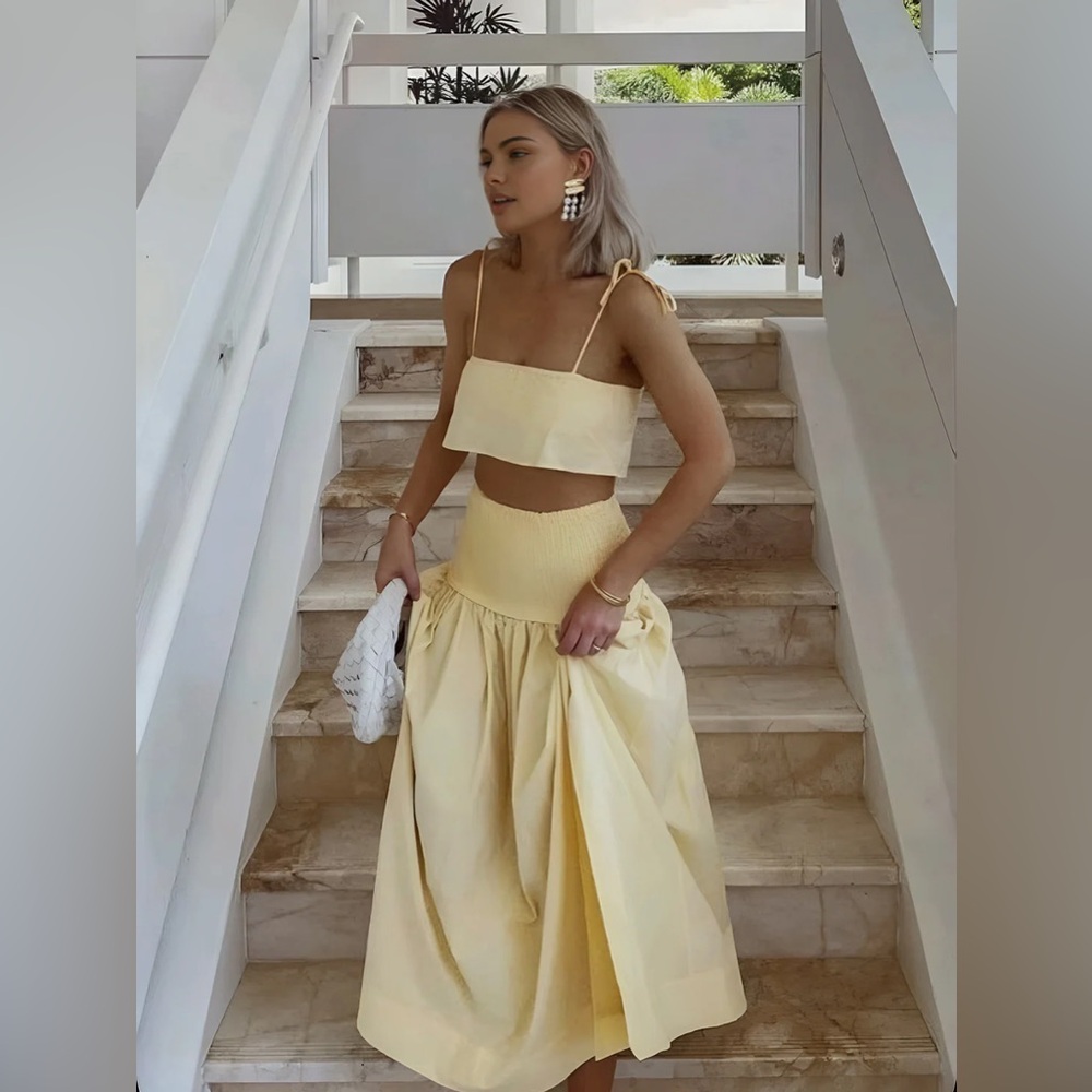 Yellow shirred waist two piece skirt set
